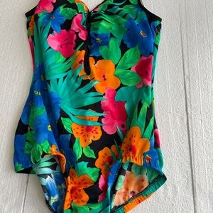 Vintage Sandcastle One Piece Swimsuit Tropical Vibrant Colors Size 14